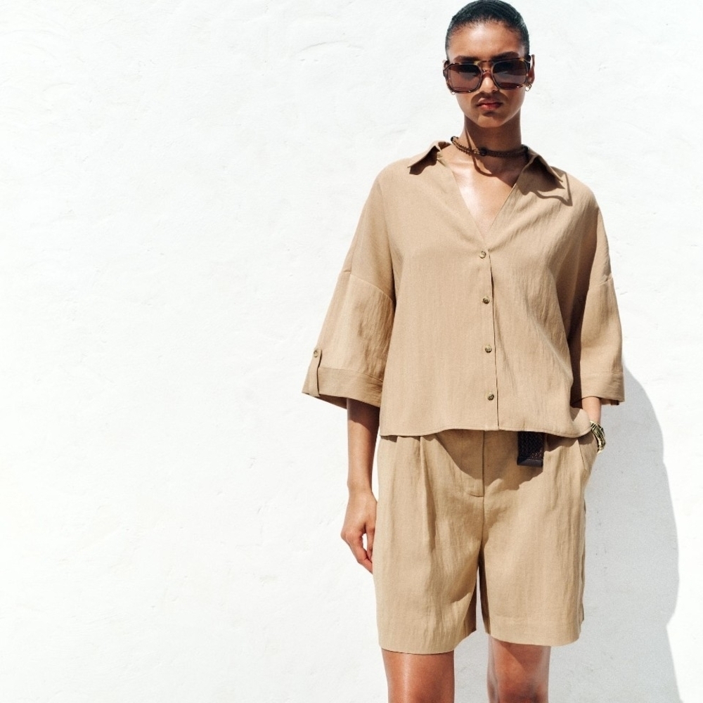 NWT Zara Collared Button-Front Boxy Collared Shirt In Tan - S - Picture 3 of 8
